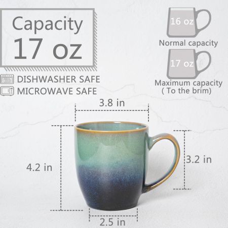 Bosmarlin Ceramic Coffee Mug Set of 4, 17 Oz, Coffee Cups with Big Handle, Microwave Safe, Unique Reactive Glaze(17 Oz, Pale Green)