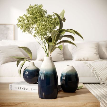 Barnyard Designs Ceramic Stoneware Vase Set, Farmhouse Ceramic Vases Home Decor, Neutral Home Decor for Shelves, Pottery Decorative Vases for Home Decor Farmhouse, Blue Ombre, Set of 3, 6.25"/4.5"/4"