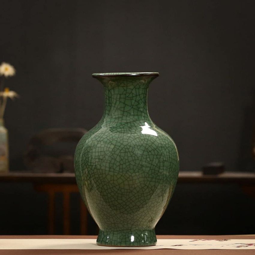 Chinese Ceramic Art Handmade Antique ice Crack Glaze vases Big China Porcelain Flower Bottle Vase for Home Decoration(Green)
