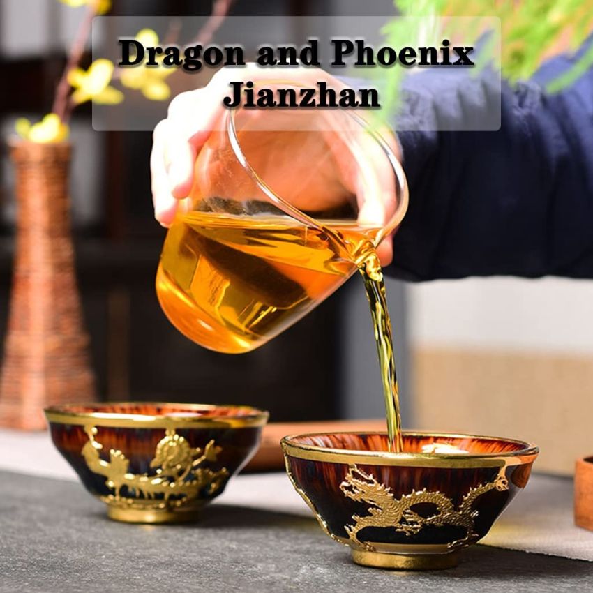 Tea Cup Hand Inlaid Gold Dragon and Phoenix Cup, Kiln Transformation Colorful Master Cup, Kung Fu Tea Bowl Sake Teaware, Gift Box Packaging(Color: Phoenix, Size : 3.8 oz)