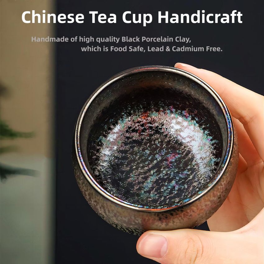 Handmade Coloful Tenmokus Tea Cup Set of 2, Chinese Crafts Kungfu Tea Cups Seven-Colours Ceramic Teacup with Gift Box Packing