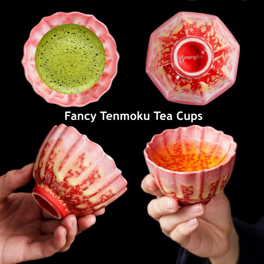 4 Pcs Red Irregular Ceramic Tea Cups Fancy Tenmoku Glaze Coffee Mug 4 oz Chinese Small Teacups Specially Designed for Women