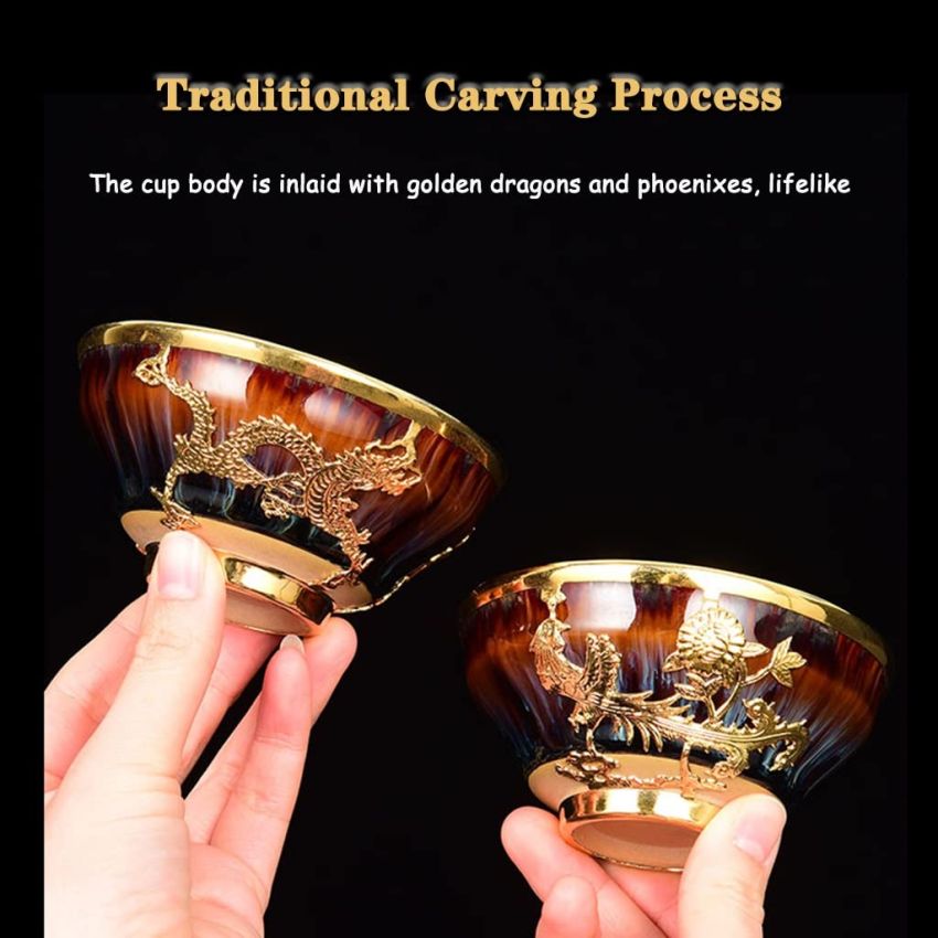 Tea Cup Hand Inlaid Gold Dragon and Phoenix Cup, Kiln Transformation Colorful Master Cup, Kung Fu Tea Bowl Sake Teaware, Gift Box Packaging(Color: Phoenix, Size : 3.8 oz)