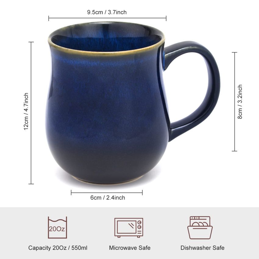 20 Oz Large Ceramic Coffee Mugs, Big Handle Handmade Pottery Tea Cup for Office and Home, Easy to Hold, Microwave and Dishwasher Safe, Hot Cold Drinking, Stylish Texture Glaze (Star Blue)