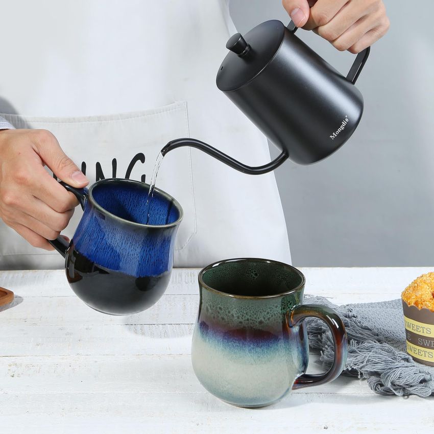 16 Oz Large Ceramic Coffee Mug with Big Handle, Handmade Glazed Tea Cup for Office and Home, Microwave and Dishwasher Safe, Small Coffee Cups for Hot and Cold Drinking (Glacier Blue)