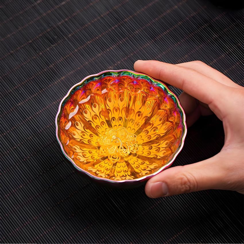 Enchantia Handmade chinese tea cup, Ceramic jianzhan tea cup Gold lotus on the bottom, Kiln transformation tenmokus tea cup With gift box packaging, 5.7oz,2