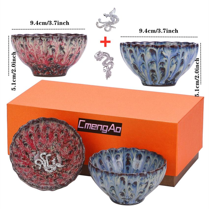 Jianzhan Tenmoku Magic Tea Cup Set of 2, Handmade Chinese Dragon and Phoenix Tea Cups, 3d Art Ceramic Kungfu Teacups with Gift Box (Cherry blossom)