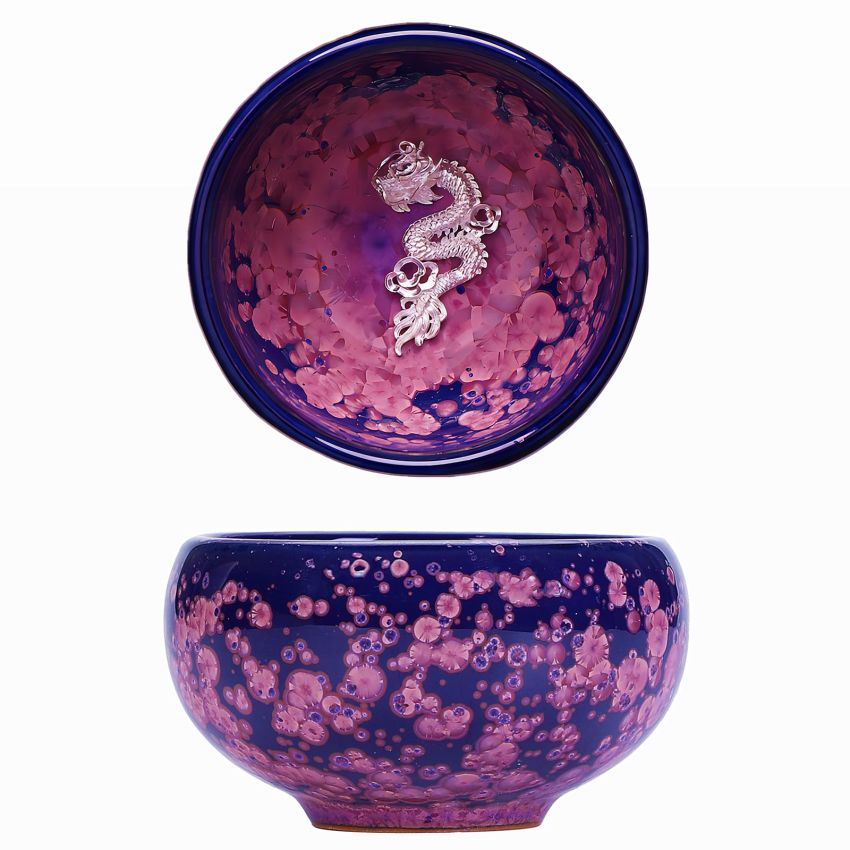 4 oz Tenmoku Tea Cup - Chinese Dragon Decoration, Purple Iris Flowers Ceramic Jianzhan Teacup, Handmade Kungfu Tea Bowl with Gift Box