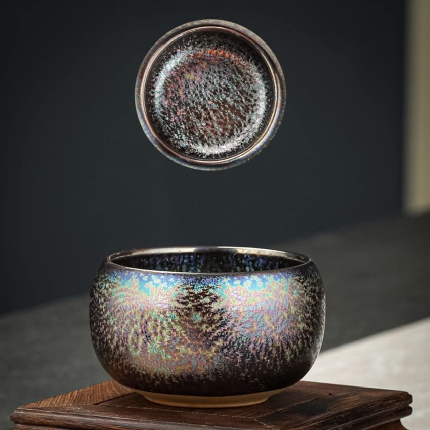 Handmade Coloful Tenmokus Tea Cup Set of 2, Chinese Crafts Kungfu Tea Cups Seven-Colours Ceramic Teacup with Gift Box Packing