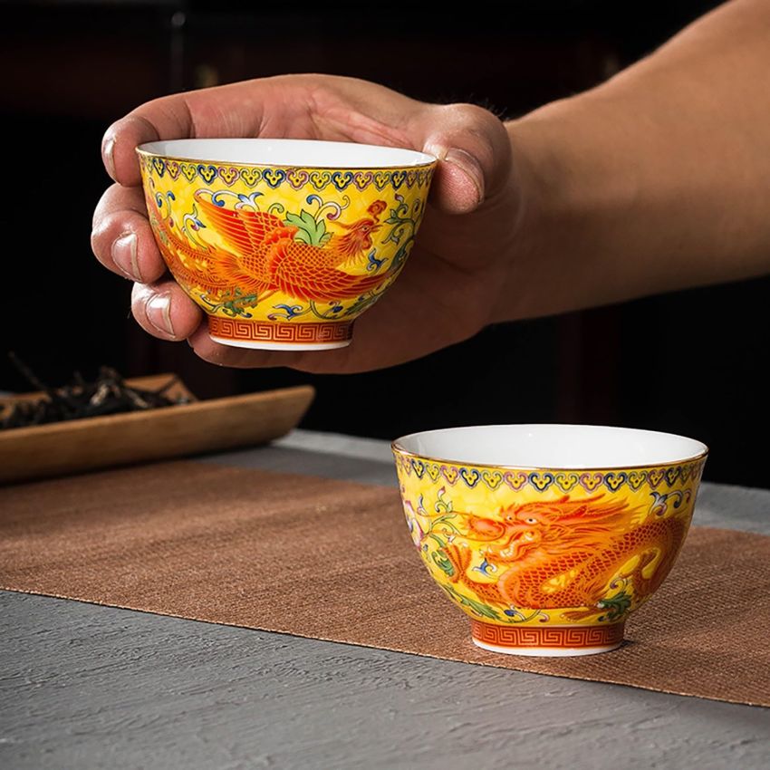 Master Teacup set of 2 tenmokus teacup Kungfu Tea Cup chinese tea set prosperity brought by the dragon and the phoenix Ceramic Handmade Ceremonial Matcha Tea Mug