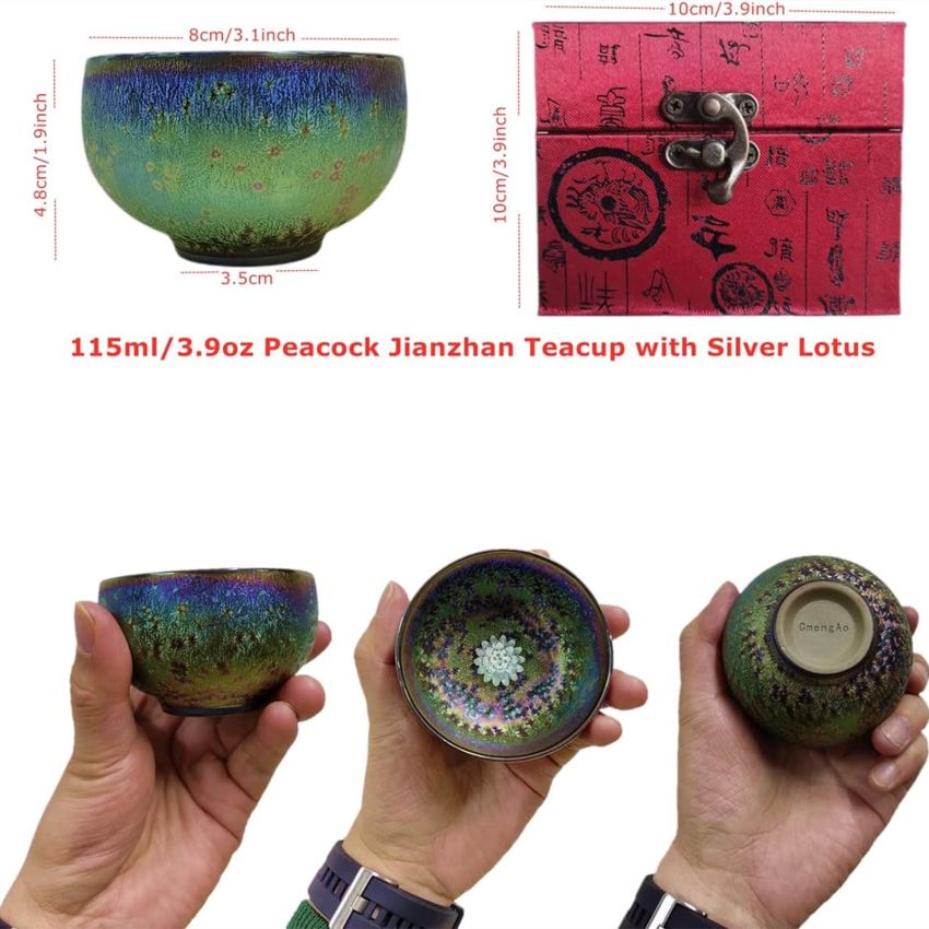 Jianzhan Ceramic Tea Cup, Handmade Peacock Glaze Tenmoku Teacup with 3d Silver Lotus Inlaid, 4 oz Chinese Small Kungfu Tea Cup