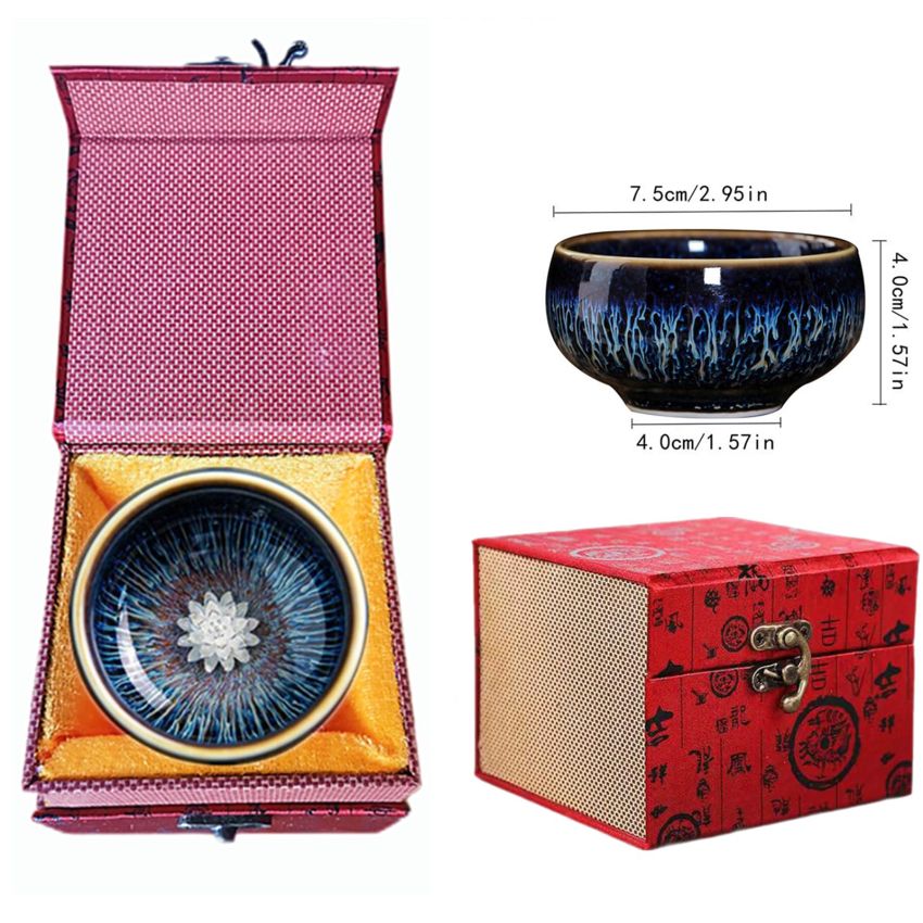 Beautiful Jianzhan Tea Cup, 3d Silver Lotus Inlaid Ceramic Tea Cup Handmade Fancy Glaze Tenmoku Cup Chinese Kungfu Tea Cup (Blue)