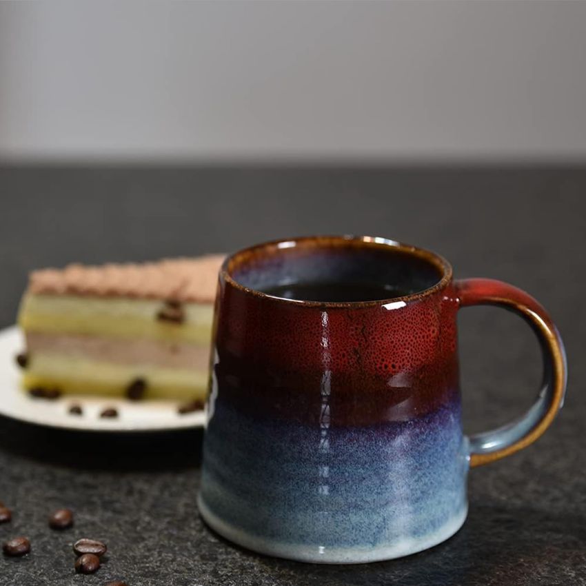 16oz Large Ceramic Coffee Mugs, Transmutation Glaze Craft, Handmade Pottery Mug,Tea Cups with Handle for Office and Home,for Men and Women, Dishwasher and Microwave Safe (Black Red)