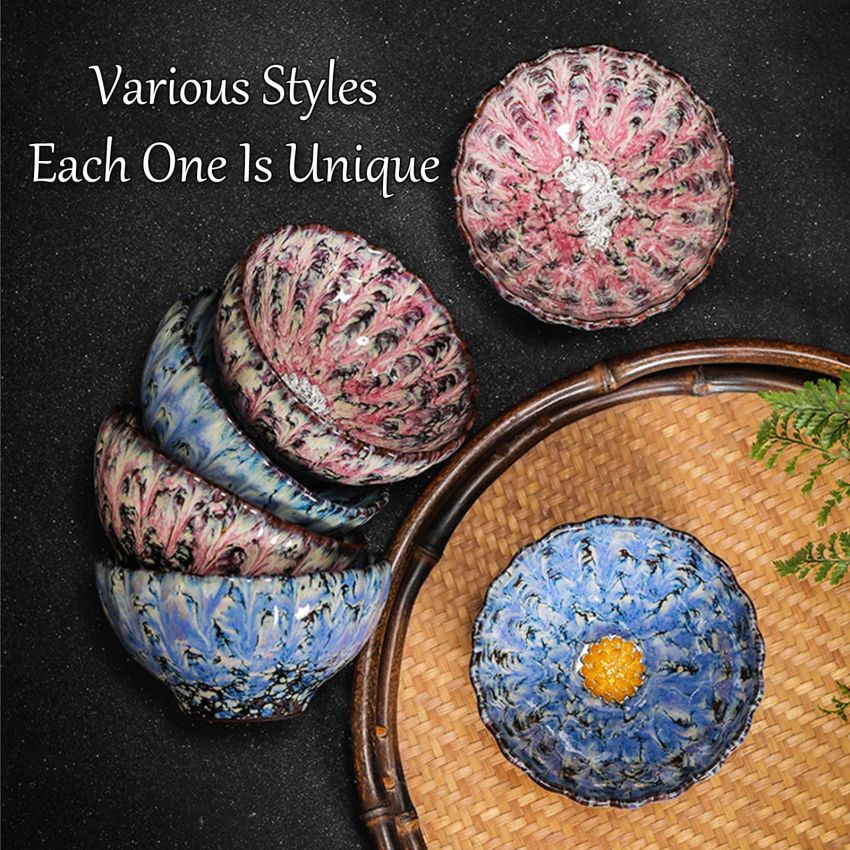 Enchantia Handmade 3D Chinese Kungfu Tea Cup, Beautiful Ceramic Tenmokus Jianzhan Tea Cup, Bottom Golden Lotus Cup With Gift Box - 4.2 Oz,Golden peacock