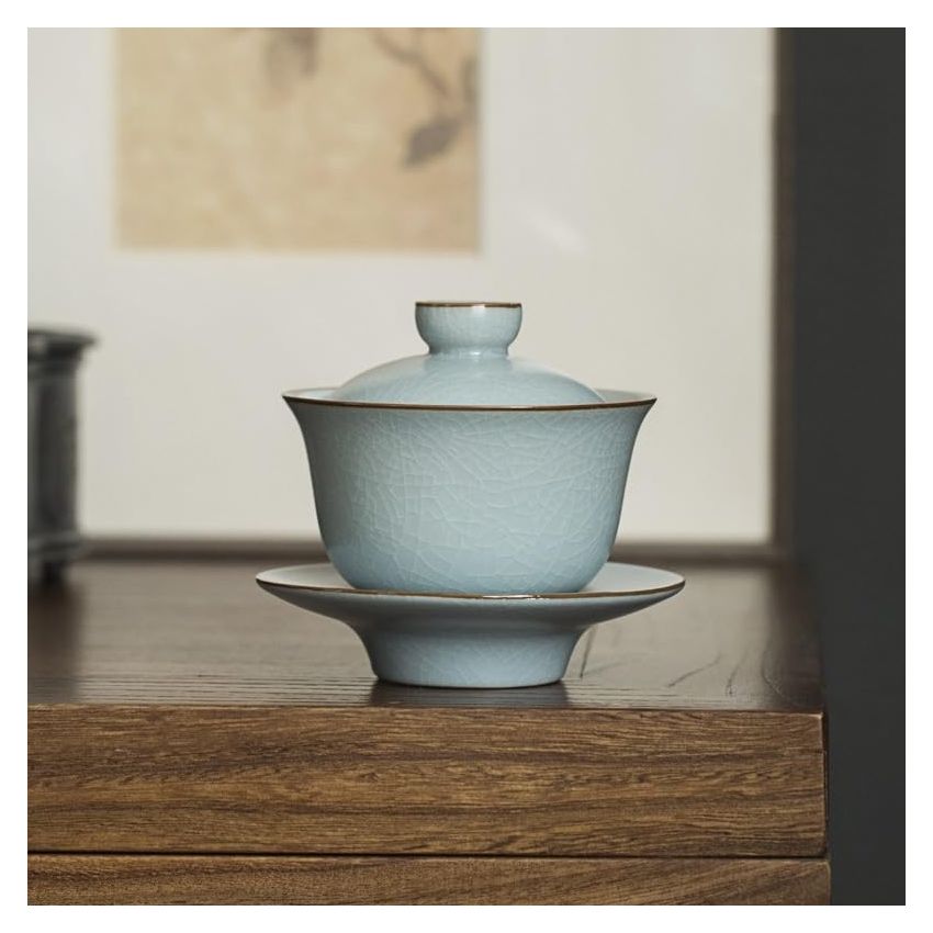 Azure Porcelain Tea Tureen Ru Kiln Sancai Cover Bowl Household Tea Maker Cup Saucer Can Raise Kungfu Teaset, 9.8cm, Blue