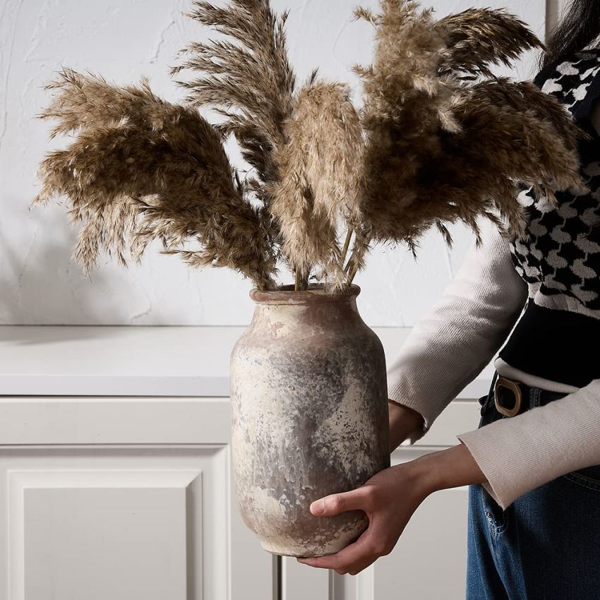 SIDUCAL Rustic Ceramic Farmhouse Flower Large Vase, Whitewashed Terra Cotta Pottery Decorative Vase for Home Decor, Table, Living Room Decoration, Shelf Decor, Mantel, 9.5 Inch, Terra