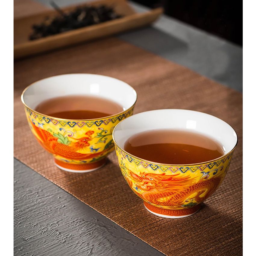 Master Teacup set of 2 tenmokus teacup Kungfu Tea Cup chinese tea set prosperity brought by the dragon and the phoenix Ceramic Handmade Ceremonial Matcha Tea Mug