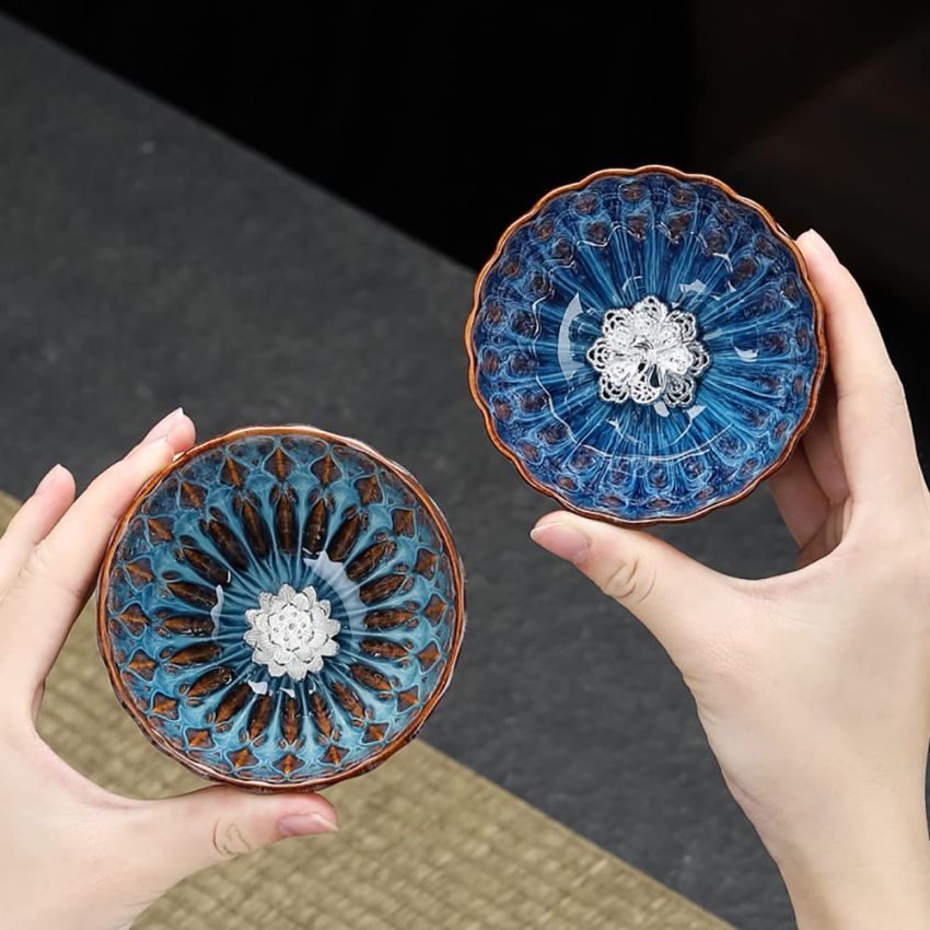 JianZhan Tenmoku Ceramic Handmade TeaCup Porcelain Teacup Kungfu Tea Cup Tenmoku Teacup Master Teacup Ceremonial Matcha Tea Mug Shape（Gold Peacock）