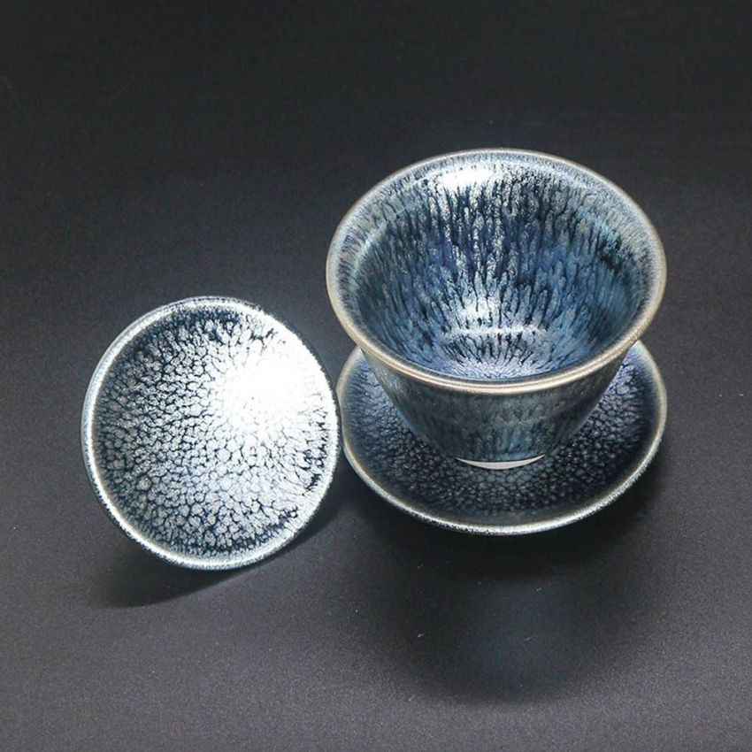 Gaiwan Teaset, Tenmoku Flower Glaze Tea Pot -170ml/5.75oz, Chinese Jianzhan Teacups Porcelain Tea Set