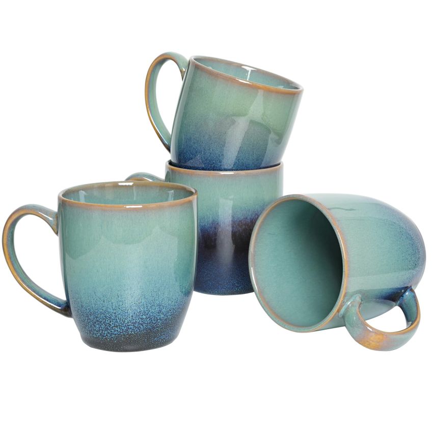 Bosmarlin Ceramic Coffee Mug Set of 4, 17 Oz, Coffee Cups with Big Handle, Microwave Safe, Unique Reactive Glaze(17 Oz, Pale Green)