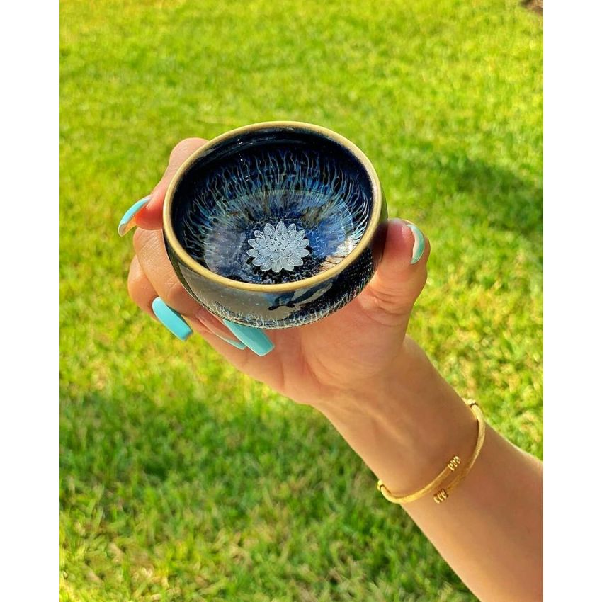 Beautiful Jianzhan Tea Cup, 3d Silver Lotus Inlaid Ceramic Tea Cup Handmade Fancy Glaze Tenmoku Cup Chinese Kungfu Tea Cup (Blue)