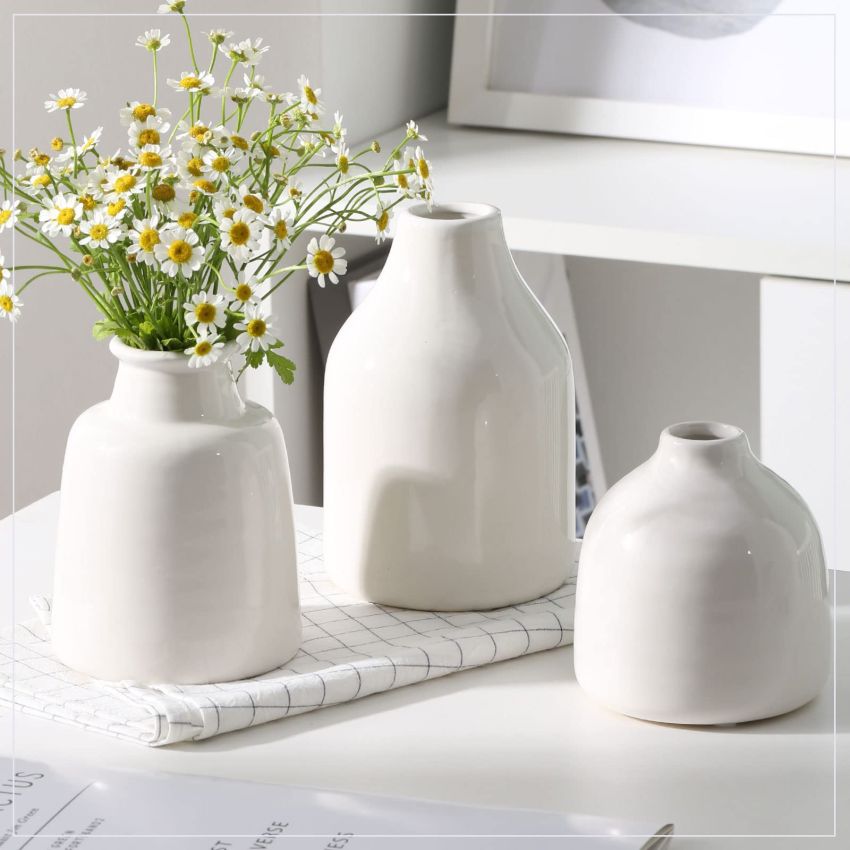Small White Vase Set of 3 for Modern Home Decor,Ceramic Vases for Centerpieces White Flower Vases for Living Room Wedding/Dinner Table/Party -White