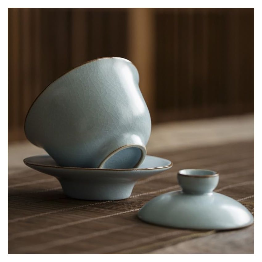 Azure Porcelain Tea Tureen Ru Kiln Sancai Cover Bowl Household Tea Maker Cup Saucer Can Raise Kungfu Teaset, 9.8cm, Blue