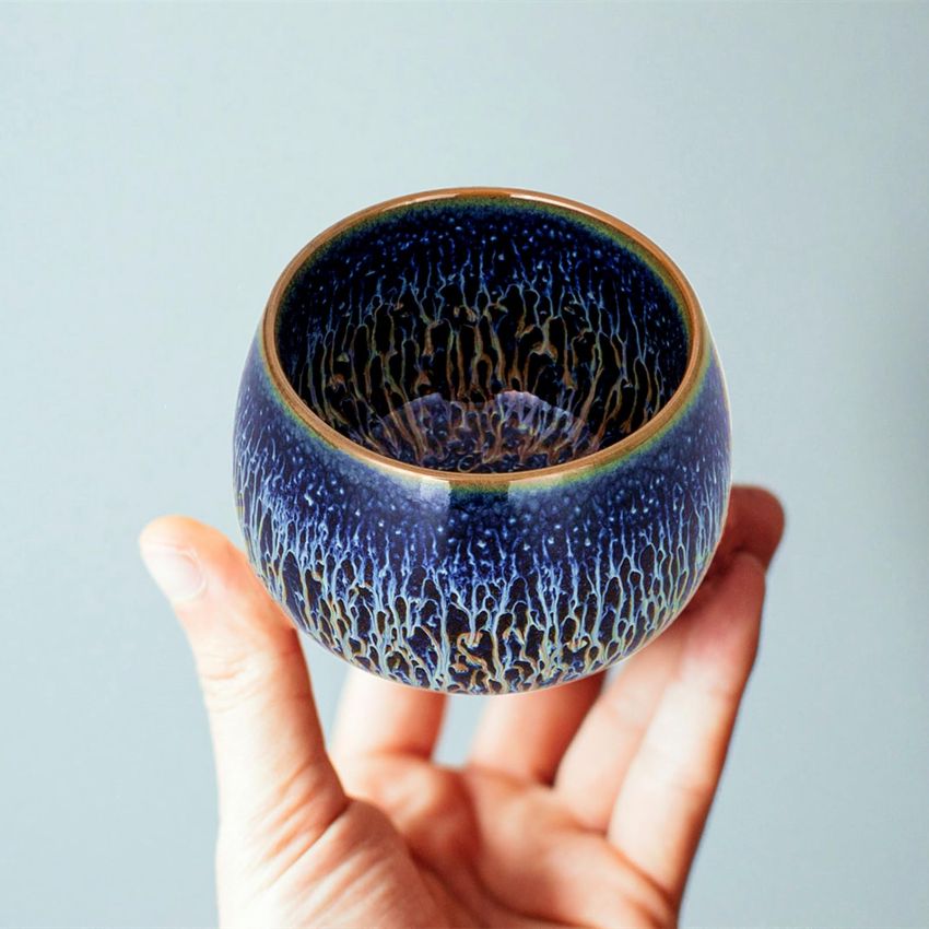 Tenmokus Tea Cups - Blue Starry Sky Glaze Series, Handleless Design Ceramic Jianzhan Tea Bowl, Chinese Small Kungfu Tea Cups, Set of 2 (5.4 oz)