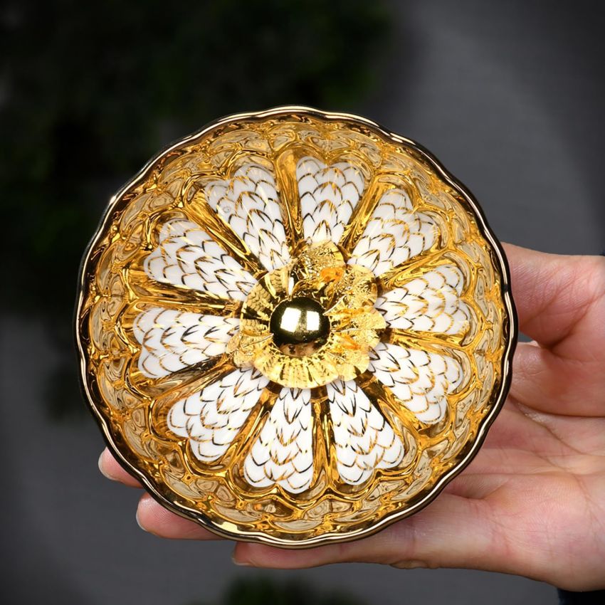 Tenmokus tea cup Master Teacup 5 oz Ceramic Handmade TeaCup inlay Teacup Golden Dragon Scales，Dragon Claws Dragon Beads，3D Chinese Kungfu Tea Cup