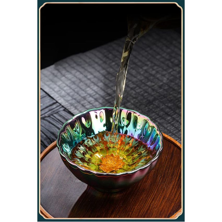 Beautiful Colorful Glaze Ceramic Tenmoku Tea Cup Handmade JianZhan Chinese Teaism Kungfu Tea Cup Tea Set with Gift Box(Gold Peacock)