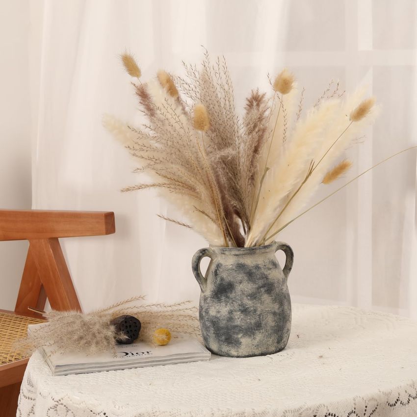 Ceramic Farmhouse Terracotta Vase, Vintage Pampas Grass Vase with 2 Handles, Boho Decor Decorative Vase, Rustic Vase for Home Decor, Living Room, Table, 6 Inch Black Vase