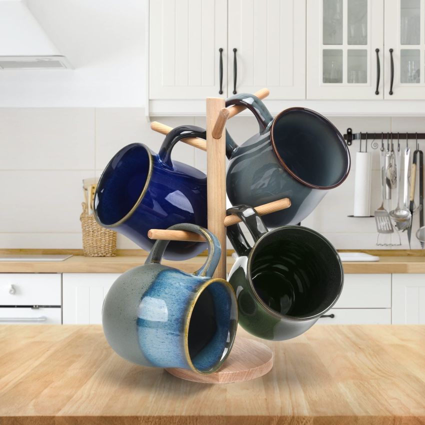 20 Oz Large Ceramic Coffee Mugs, Big Handle Handmade Pottery Tea Cup for Office and Home, Easy to Hold, Microwave and Dishwasher Safe, Hot Cold Drinking, Stylish Texture Glaze (Star Blue)