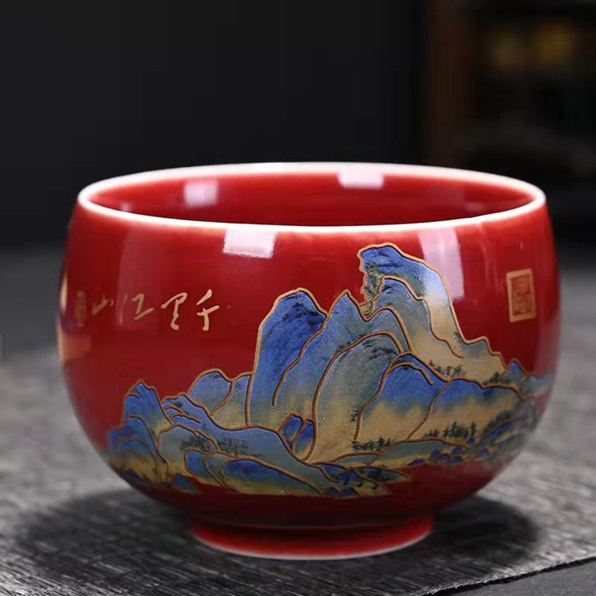 Four-piece set of Chinese Japanese tea cups, exquisite patterns, matcha cups, flower tea cups, coffee cups, tea companion cups (160ml R,B)