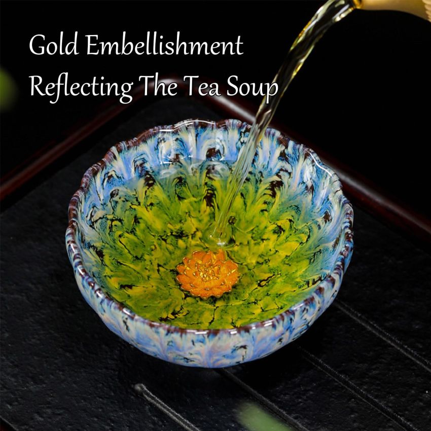 Enchantia Handmade 3D Chinese Kungfu Tea Cup, Beautiful Ceramic Tenmokus Jianzhan Tea Cup, Bottom Golden Lotus Cup With Gift Box - 4.2 Oz,Golden peacock