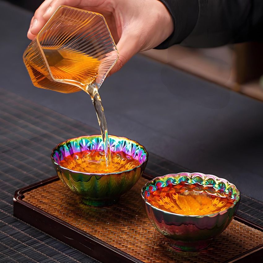 Enchantia Handmade chinese tea cup, Ceramic jianzhan tea cup Gold lotus on the bottom, Kiln transformation tenmokus tea cup With gift box packaging, 5.7oz,2