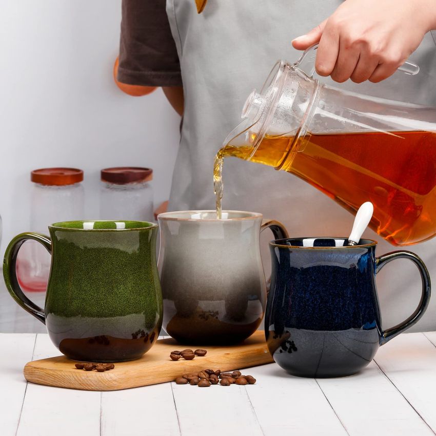 20 Oz Large Ceramic Coffee Mugs, Big Handle Handmade Pottery Tea Cup for Office and Home, Easy to Hold, Microwave and Dishwasher Safe, Hot Cold Drinking, Stylish Texture Glaze (Star Blue)