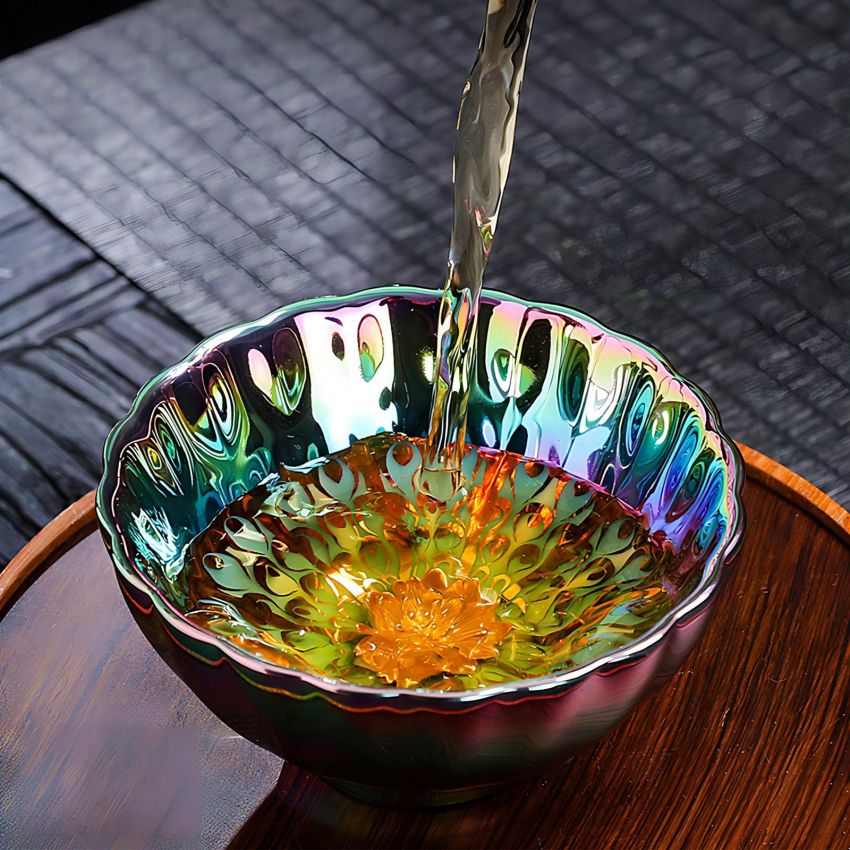 Colorful Tenmoku Tea Cup, 5 oz Jianzhan Ceramic Tea Cup with Lotus Decorations in Bottom, Chinese Small Kungfu Tea Cup, Ideal Gift for Cup Lovers