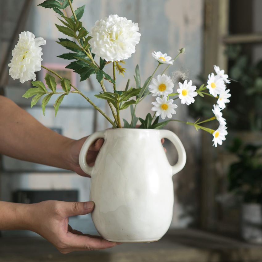 White Ceramic Vase with 2 Handles, Modern Farmhouse Vase for Home Decor, Rustic Terracotta Vase, Decorative Pottery Flower Vase, Clay Samll Vase, Centerpieces for Dining Table - 7 Inch Tall