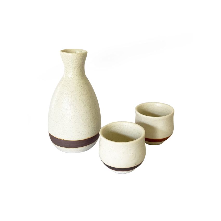 White color, Japanese Traditional Ceramic SAKE 3 items Set. 1 Bottle and 2 cups with a gift box. Made in Japan