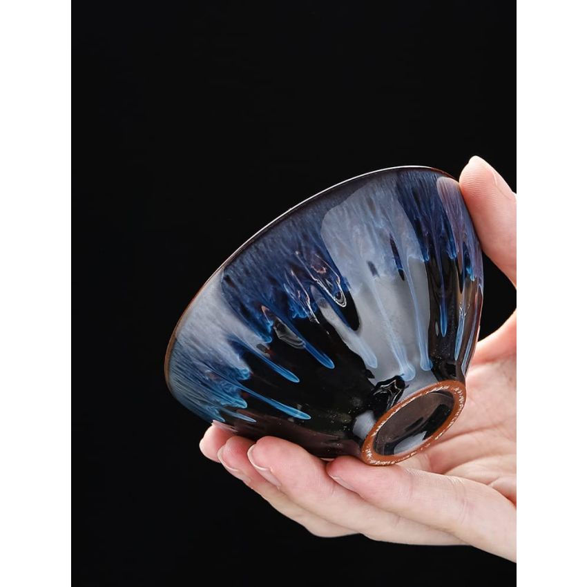 JianZhan Tenmoku Ceramic Handmade TeaCup Porcelain Teacup Kungfu Tea Cup Tenmoku Teacup Master Teacup Ceremonial Matcha Tea Mug Shape（Gold Peacock）