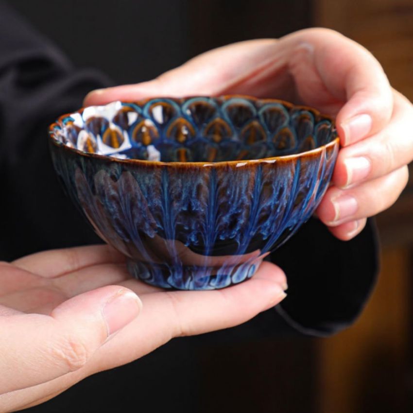 Blue Jianzhan Tea Cup, Kiln Transformation Tenmoku Glaze Ceramic Kungfu Tea Cup, Handicrafts Porcelain Master Cup - 110 ml