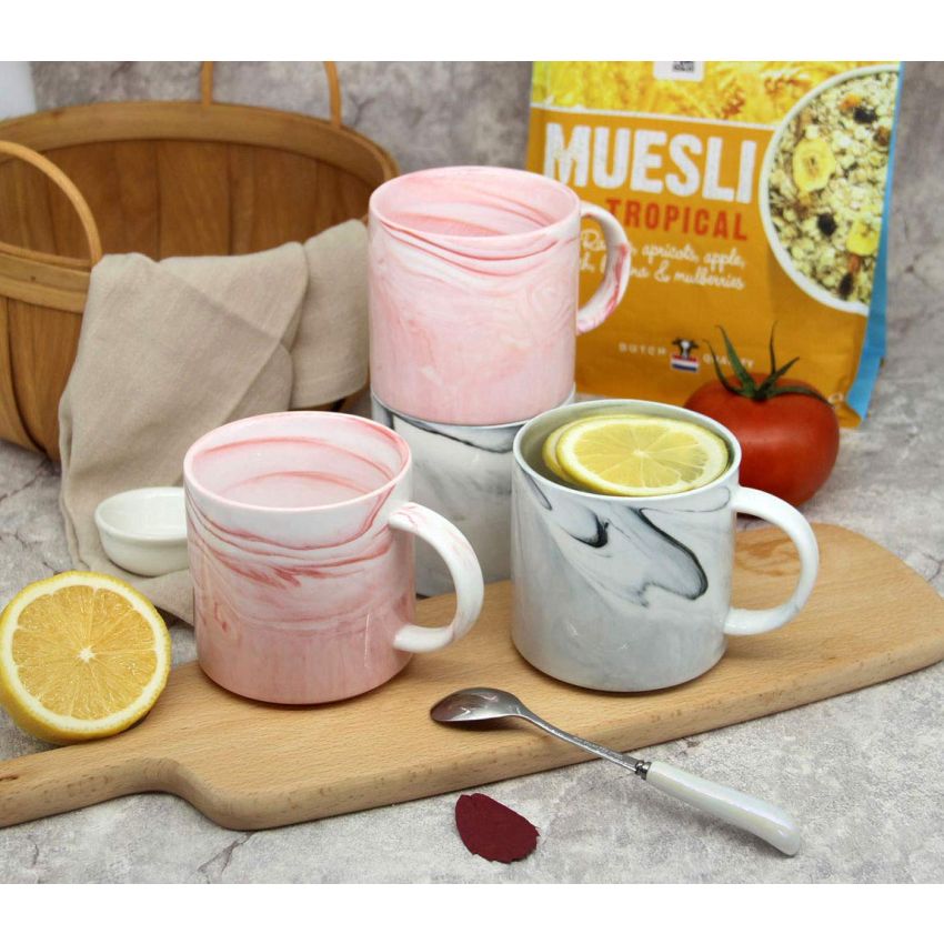 Smilatte 12 oz Stackable Coffee Mugs, M101 Novelty Marble Ceramic Cup for Boy Girl lover, Set of 4, Gray