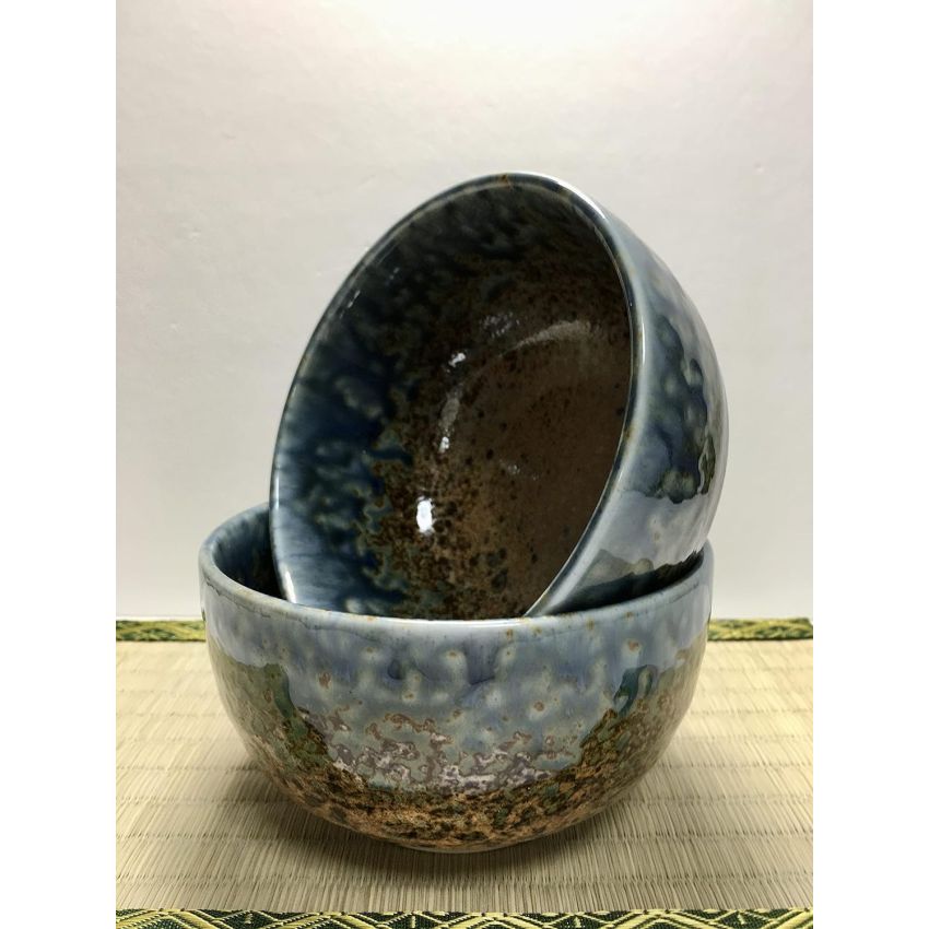 Traditional Japanese Ceramic Bowls, 18.6 Fluid Ounces, Ai Nagashi a Beautiful Combination of Earthy Brown and an Ocean-y Blue Pattern Mino Ware Chawan Set of 2 Made in Japan 54522