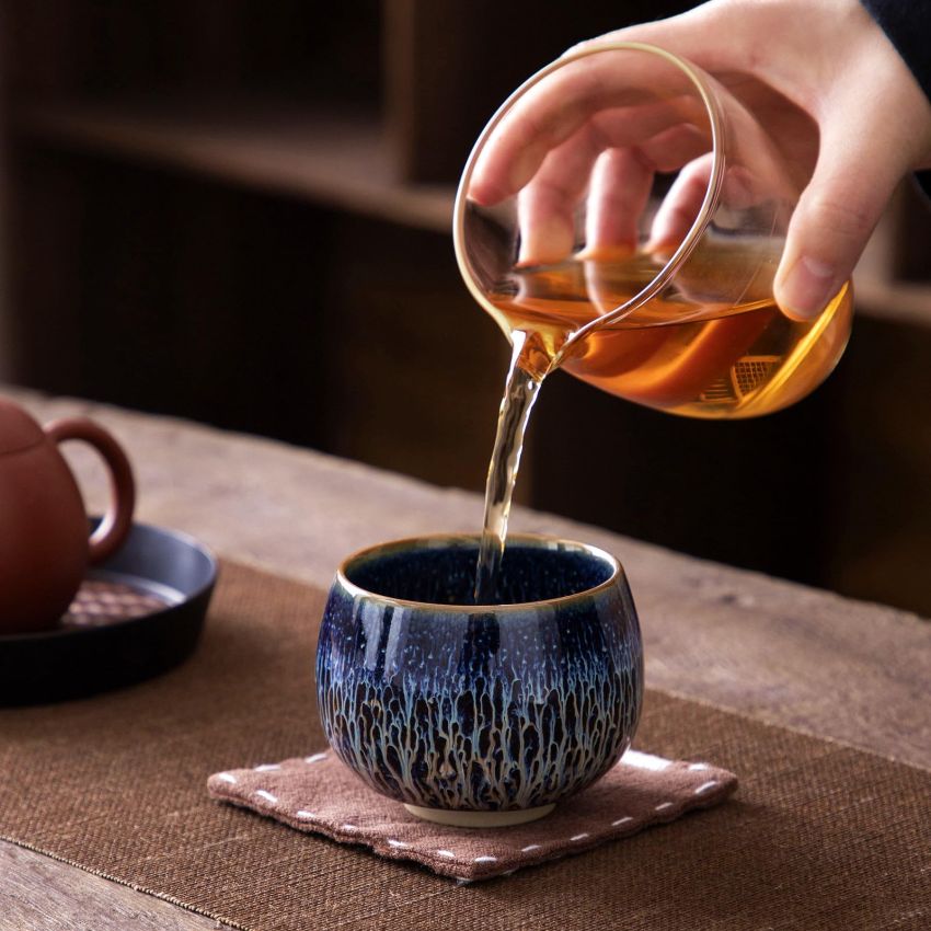 Tenmokus Tea Cups - Blue Starry Sky Glaze Series, Handleless Design Ceramic Jianzhan Tea Bowl, Chinese Small Kungfu Tea Cups, Set of 2 (5.4 oz)