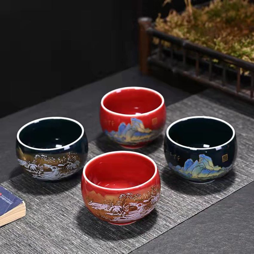 Four-piece set of Chinese Japanese tea cups, exquisite patterns, matcha cups, flower tea cups, coffee cups, tea companion cups (160ml R,B)