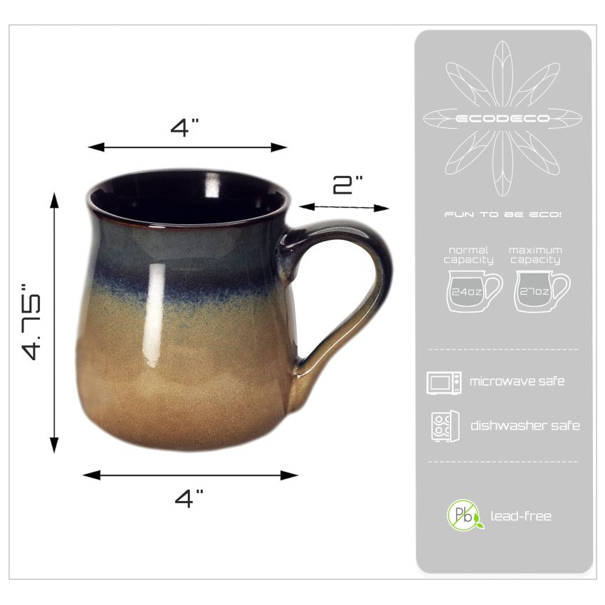 ECODECO Large Pottery Coffee Mug 24 Oz - Oversized Ceramic Cup with Big Handle - 1 Pcs (Blue to Tan)