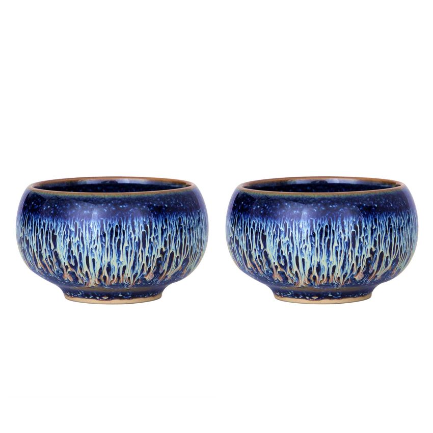 Tenmokus Tea Cups, 4.4 oz Starry Sky Glaze Ceramic Jianzhan Tea Bowls, Handmade Chinese Small Kungfu Tea Cups, Set of 2 (Zen Meditation Cup)