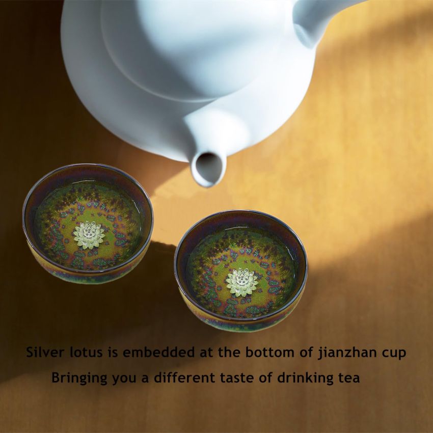 Jianzhan Ceramic Tea Cup, Handmade Peacock Glaze Tenmoku Teacup with 3d Silver Lotus Inlaid, 4 oz Chinese Small Kungfu Tea Cup