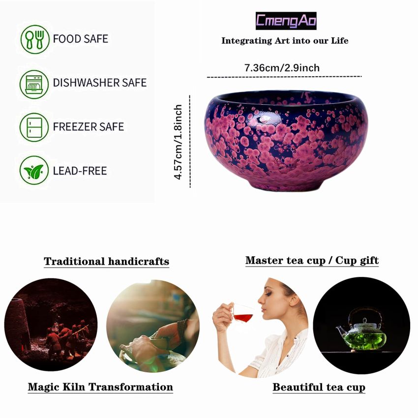 4 oz Tenmoku Tea Cup - Chinese Dragon Decoration, Purple Iris Flowers Ceramic Jianzhan Teacup, Handmade Kungfu Tea Bowl with Gift Box