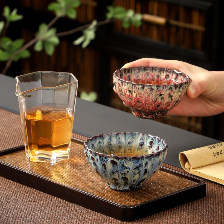 Jianzhan Tenmoku Magic Tea Cup Set of 2, Handmade Chinese Dragon and Phoenix Tea Cups, 3d Art Ceramic Kungfu Teacups with Gift Box (Cherry blossom)